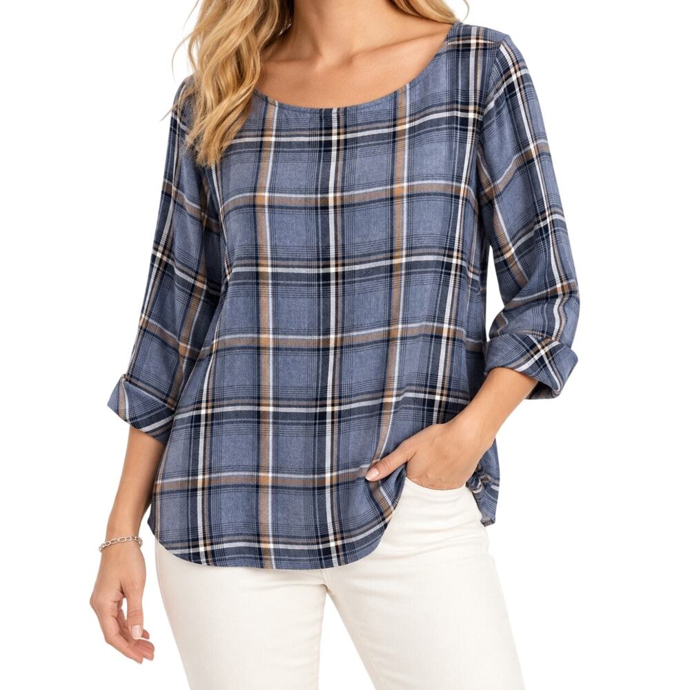 J.Jill Large Blue Plaid Cozy Soft Blouse Shirt Top Winter Fall Lounge Christmas